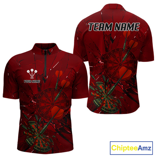 Cracked Dartboard Broken Glass Men's Darts Shirt Custom Name & Team | Opt2 - Red NYN0654