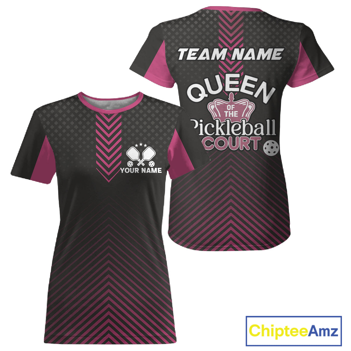 Custom Pink & Black Pickleball T-Shirt For Women Sayings Queens Of The Pickleball Court NYN1265