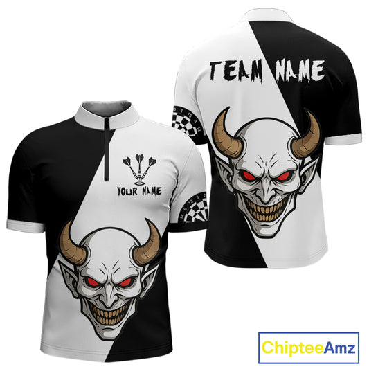 White Evil Horned Skull Funny Darts Shirt For Men - Customizable Name & Team NYN0395