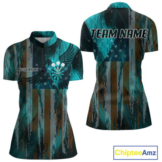 American Flag Eagle Dartboard Women's Darts Shirt Custom Name & Team | Opt3 - Turquoise NYN0661