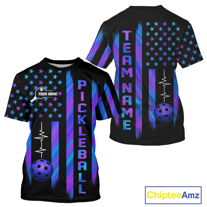Custom Holographic Patriotic Pickleball T-Shirt For Men US Flag Pickleball Ball Jerseys NYN1271