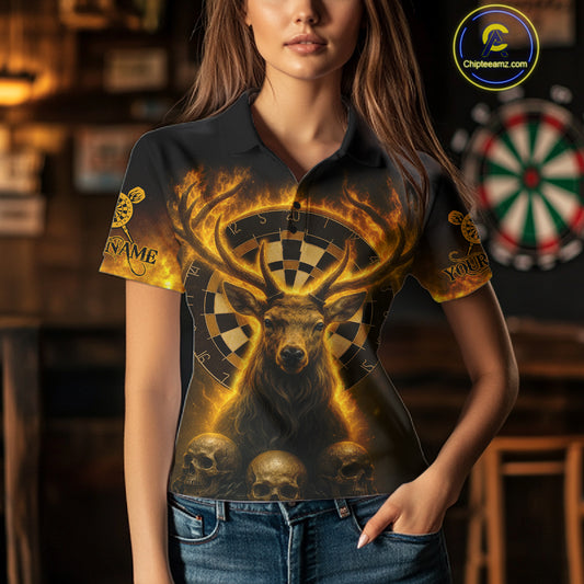 Custom Yellow Flames Deer Dartboard Polo Dart Shirt Flame Skull Dart Jersey For Women NYN1314