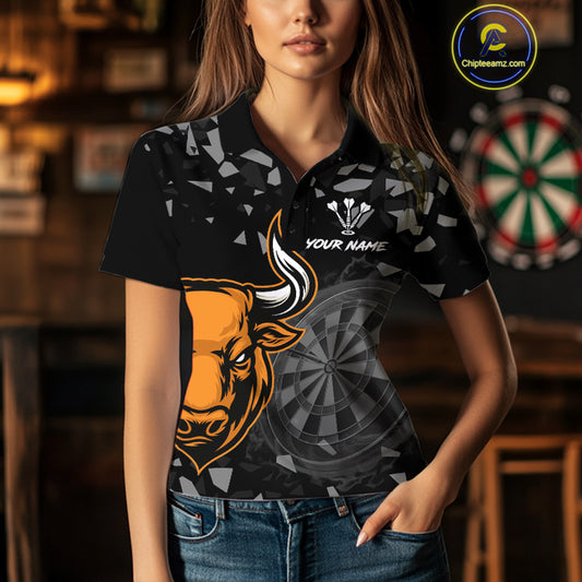 Bull & Dartboard Custom Grunge Women's Darts Polo Shirt - Orange Darts Team Jersey NYN0717