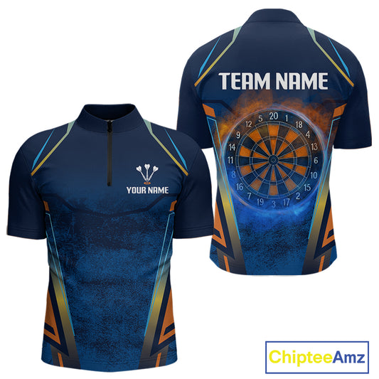 Men’s Custom Darts Team Shirt With Blue Grunge Texture And Fiery Dartboard NYN0312