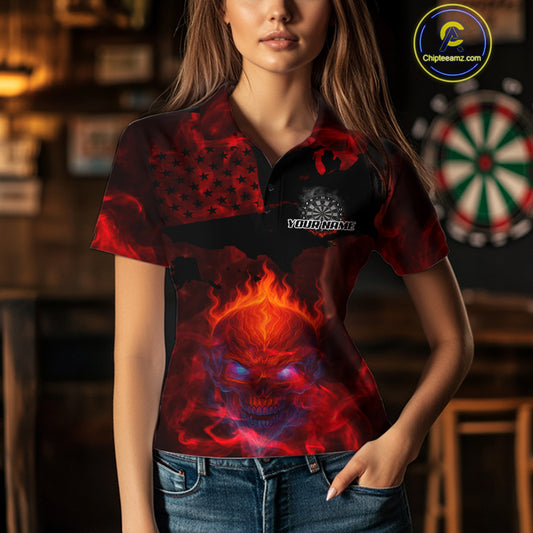 US Flag & Skull Custom Patriotic Red Dart Polo Shirts For Women, Dart Team Jerseys NYN0785