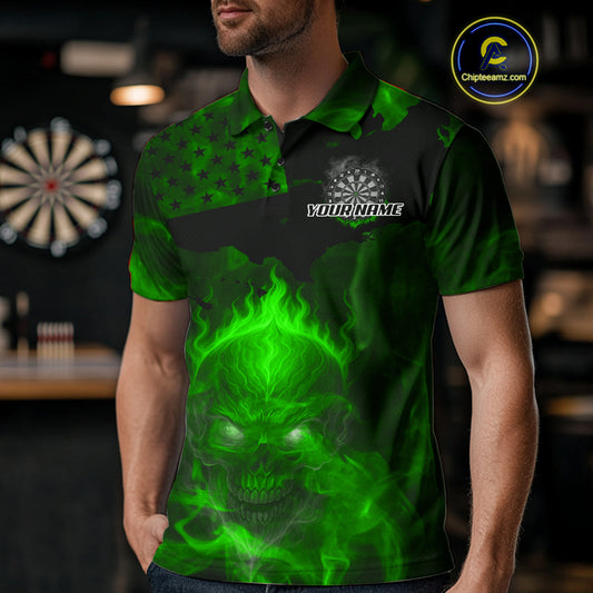 US Flag & Skull Custom Patriotic Green Dart Polo Shirts For Men, Dart Team Jerseys NYN0786