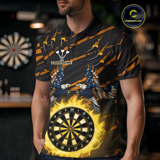 Flaming Darts & US Flag Eagle Men's Yellow Darts Polo Shirt - Custom Name For Dart Players NYN0804