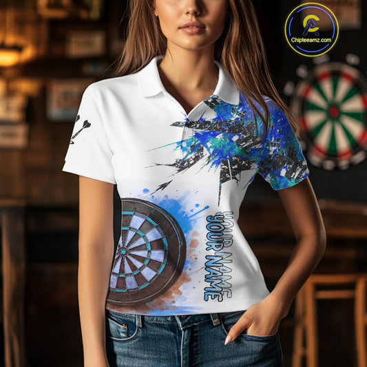 Custom Grey And Blue Splashed Dartboard Darts Polo Shirt For Women Darts Team Jerseys NYN0947