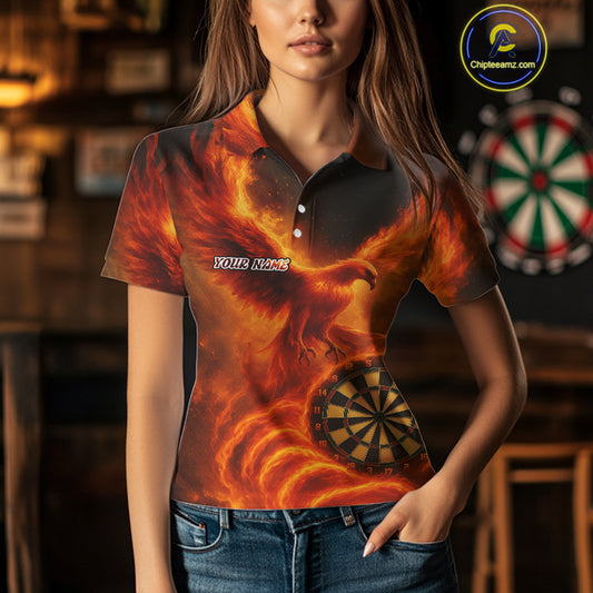Custom Orange Flames Phoenix Dartboard Darts Jersey Personalized Darts Polo Shirt For Women NYN0969