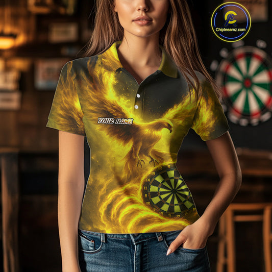 Custom Yellow Flames Phoenix Dartboard Darts Jersey Personalized Darts Polo Shirt For Women NYN0970