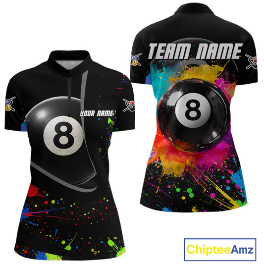 Colorful Splatter 8 Ball Pool Women Billiard Polo & 1/4-Zip Shirt Custom Billiards Balls Attire NYN2392