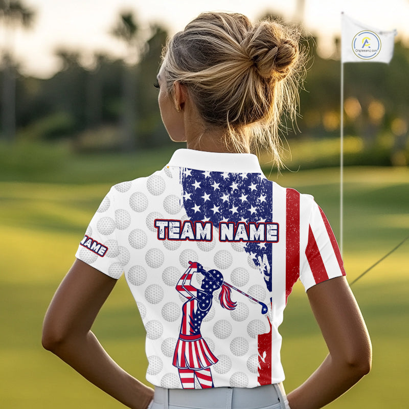 Custom Patriotic Golf Polo Shirts, Grunge US Flag Golf Ball White Women Best Golf Clothing Shirts NYN2991