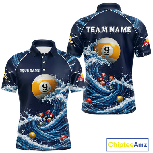 Blue Waving men's custom 9 Ball pool polo jersey, billiards team apparel, cue sports uniform, professional tournament shirt