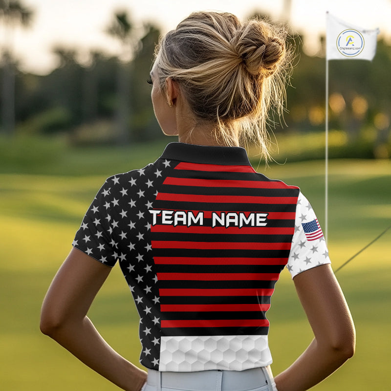 American Flag Womens Golf Polo Shirt Custom Black And Red Patriotic Golf Team Shirt Golf Tops NYN4041