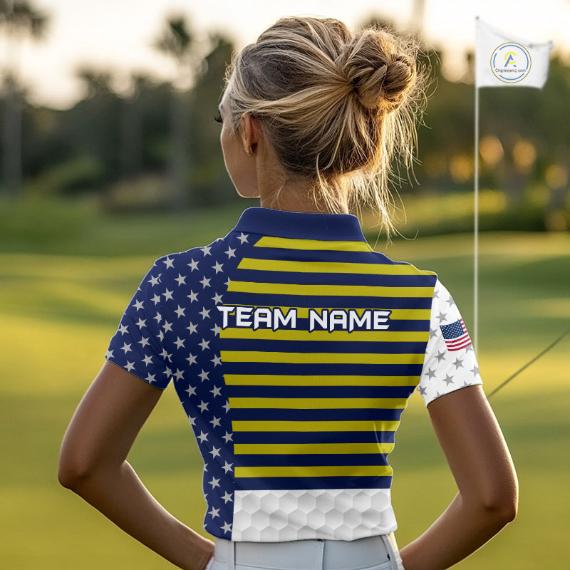 American Flag Womens Golf Polo Shirt Custom Yellow And Blue Patriotic Golf Team Shirt Golf Tops NYN4042