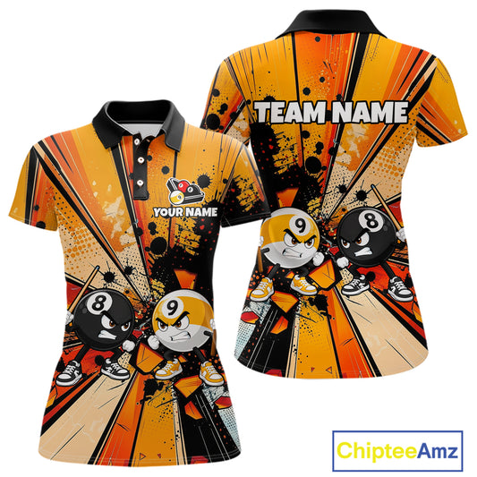 Funny 8 Ball & 9 Ball Billiard Polo featuring humorous cue sports artwork, personalized pool team name, custom league jersey, moisture-wicking athletic fabric, fun tournament apparel, billiard club clothing.