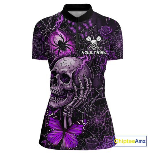 Custom Purple Skull Butterfly Women Dart Shirts Spider Smoke Dartboard Darts Polo & 1/4-Zip Jerseys NYN3076