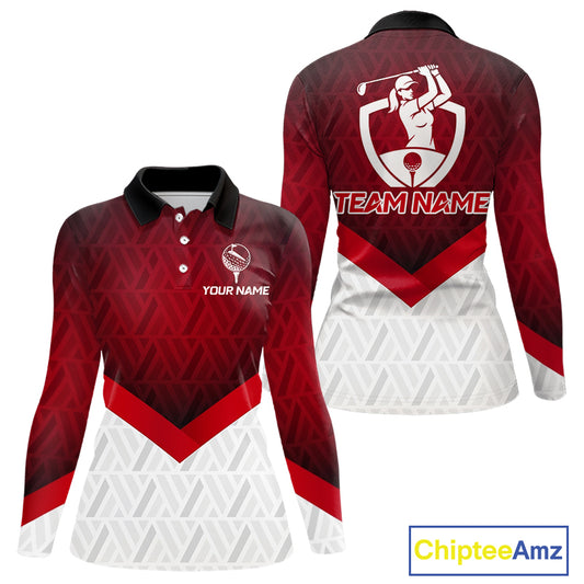 White And Red Geometric Golf Polo Golf Shirts For Women Personalized Golf Team Attire NYN3249