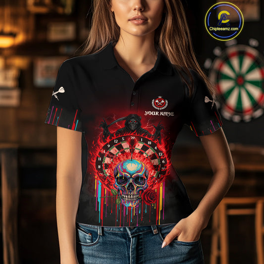 Custom Red Flames Grim Reaper Dartboard Men Darts Polo Shirt Rose Skulls Darts Jersey NYN1975
