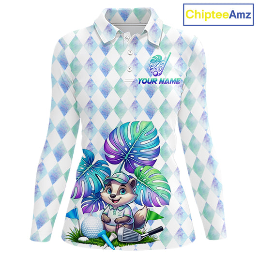 Funny Womens Golf Polo Shirt Holographic Argyle Monstera Golf Ball Personalized Raccoon Golf Shirts NYN3094