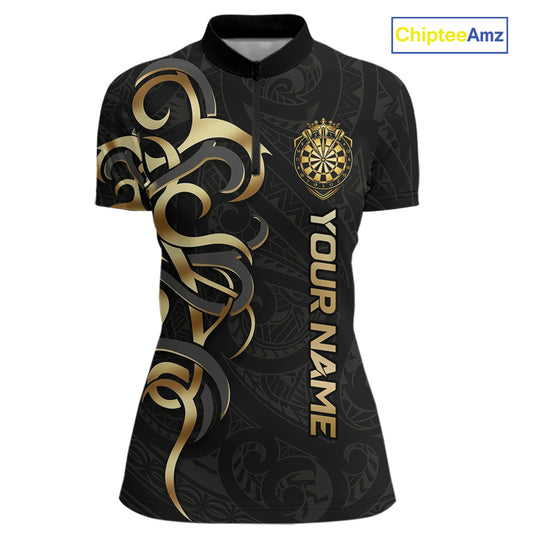 Custom Black And Gold Crown Dartboard Darts Women Polo 14-Zip Shirt, Polynesian Tribal Darts Attire NYN3119