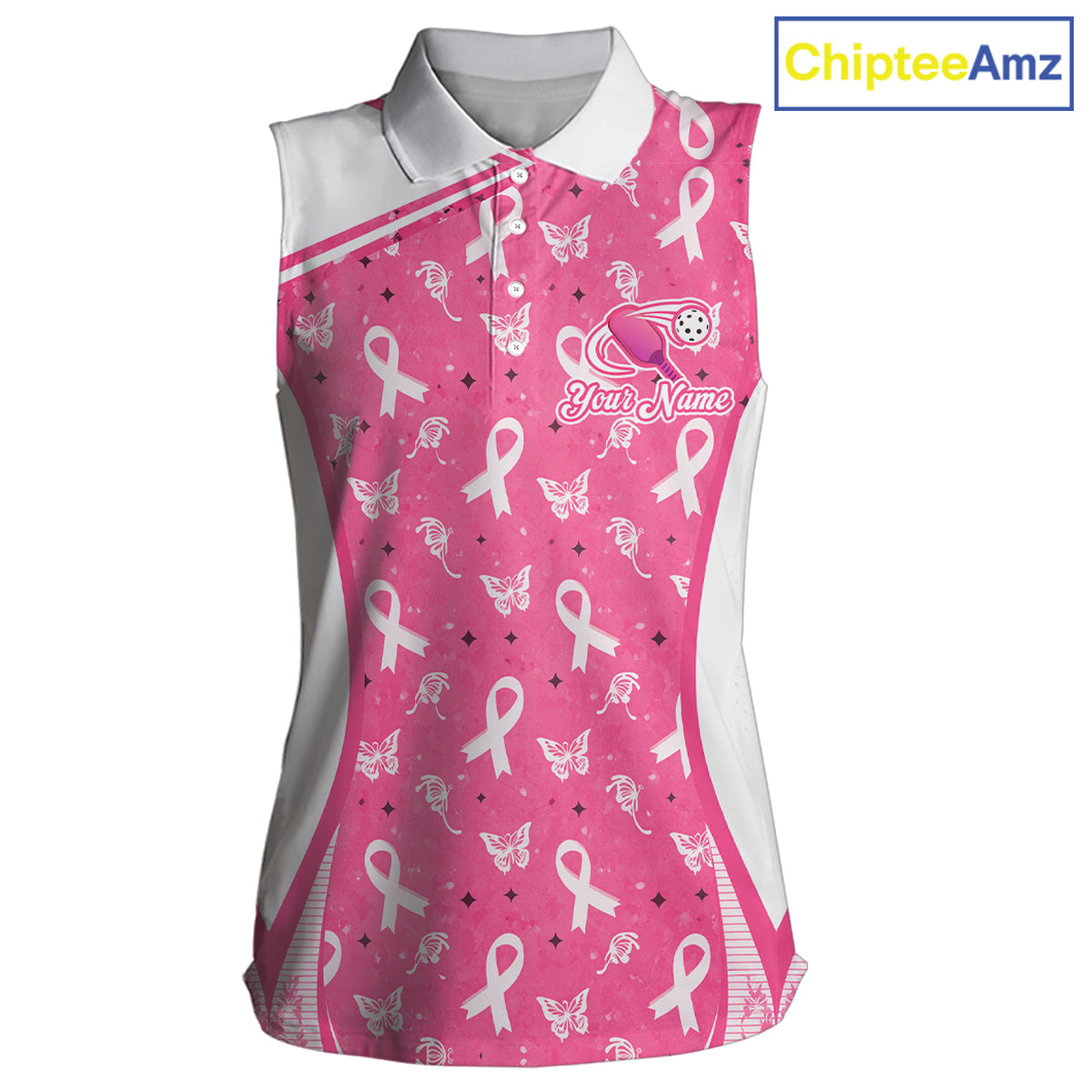 Pink Ribbon Butterfly Women's Pickleball Sleeveless Polo, Breast Cancer Awareness Pickleball Polo, Personalized Charity Tournament Apparel, Hope, Courage & Strength