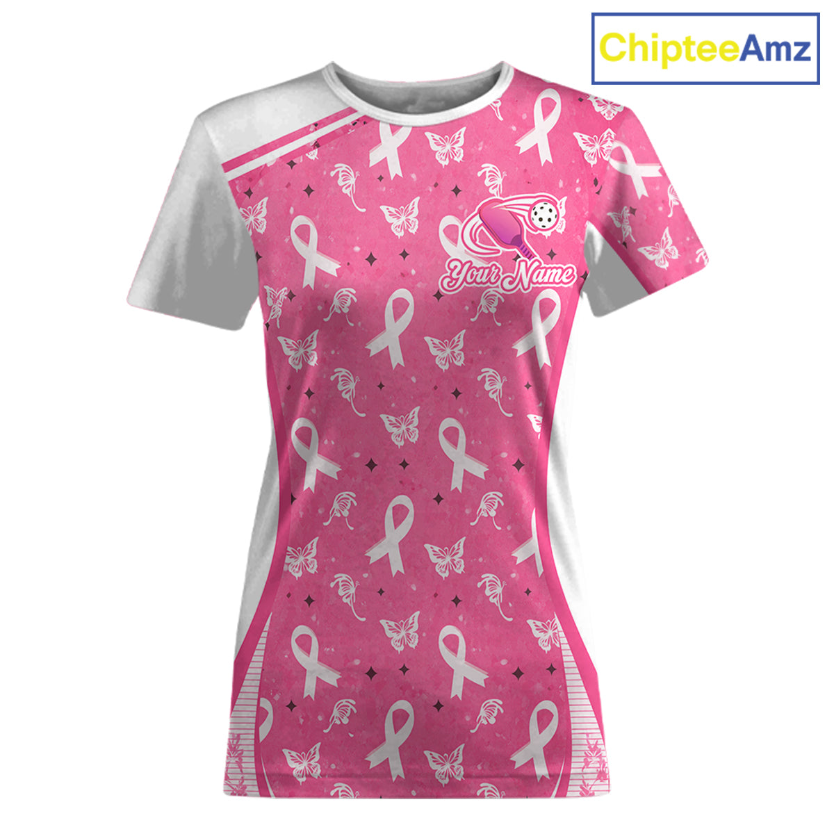 Pink Ribbon Butterfly Women's Pickleball T-Shirt, Personalized Breast Cancer Awareness Pickleball Shirt, Butterfly Charity Sports Apparel