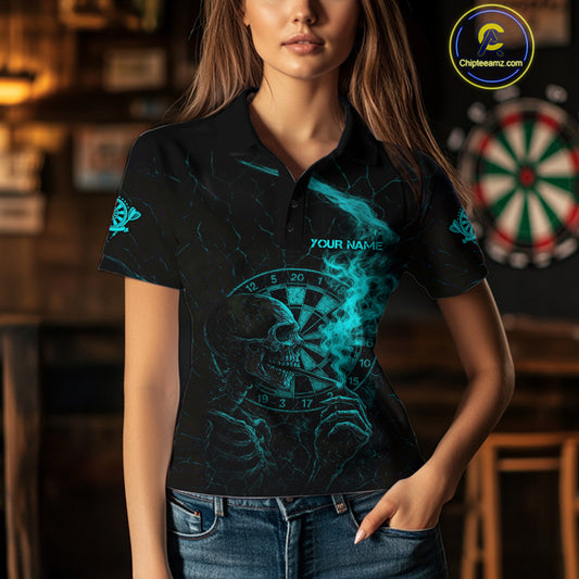 Teal Smoking Skeleton Bone Cracked Dartboard Custom Women Polo Dart Jerseys Dart Gifts NYN2034