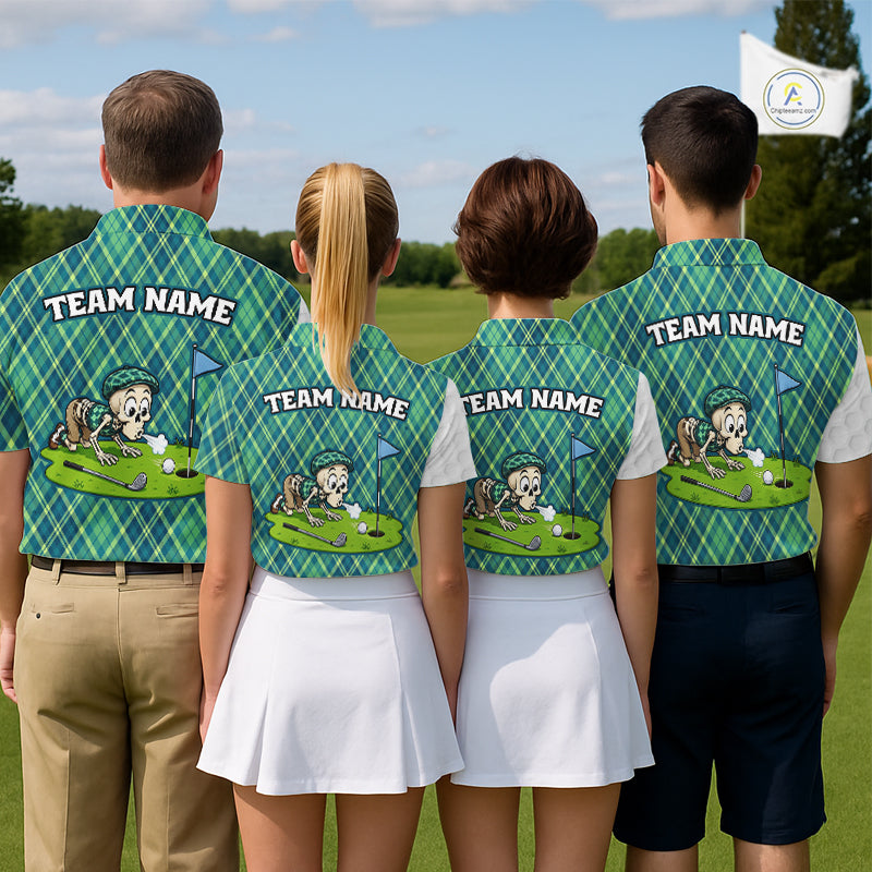 Green And Blue Argyle Golf Apparel Funny Skeleton Golf Polos For Men Custom Golf Team Outfits NYN3323