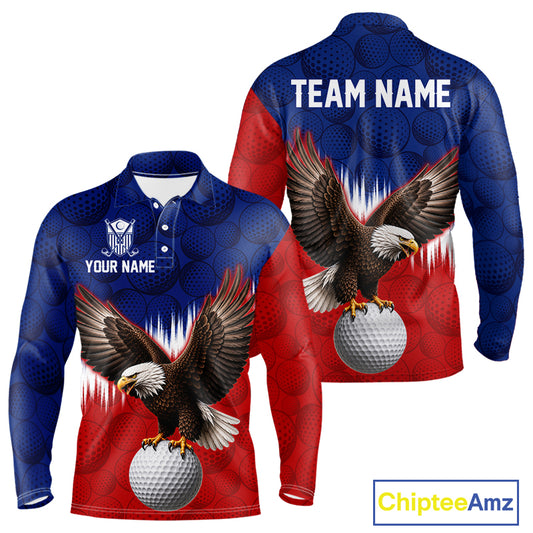 Red blue American flag eagle golf polo long sleeve shirt for men patriotic golf jersey