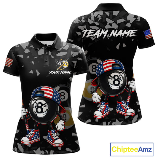 US Flag Funny 8 Ball Women's Billiard Polo Shirt Custom Patriotic Pool Team Jersey Apparel