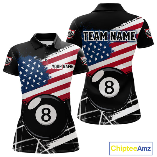 American Flag Splash 8 Ball Women's Billiard Polo Shirt Custom Patriotic Pool Team Jersey