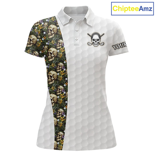 Women's tropical golf polo with skull artwork and golf ball pattern, custom performance golf shirt for golf vacations, summer tournaments and beach resorts.