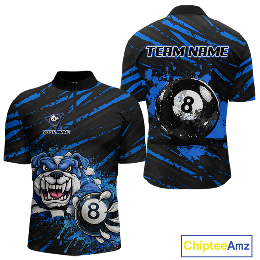 Blue Splatter Ball 8 Billiard Jerseys For Men Custom Funny Bulldog Billiard Team Jersey NYN2319