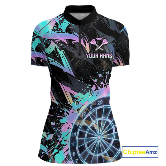 Holographic Splatter Dartboard Women Dart Polo & 1/4-Zip Shirt Custom Name Dart Jersey For Darters NYN2966