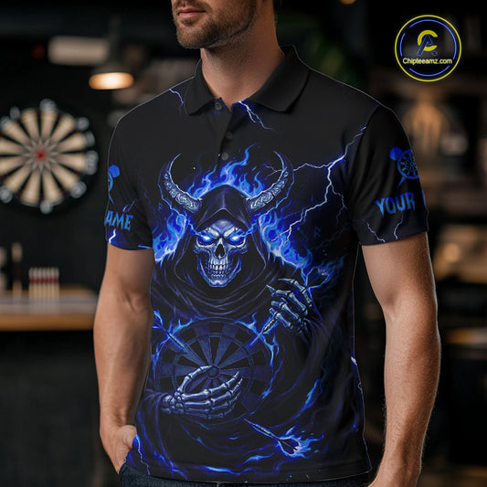Blue Neon Flaming Grim Reaper Men Darts Polo Jerseys Custom Name Dart League Shirt NYN2065