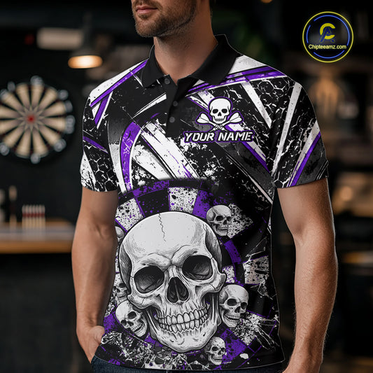 Black & Purple Dartboard Grunge Men Darts Polo Shirts Custom Multi-Skull Dart Team Jerseys NYN2350
