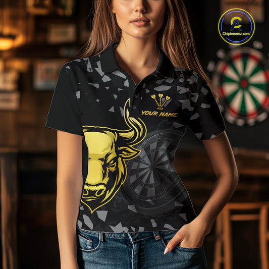 Bull & Dartboard Custom Grunge Women Darts Polo Shirt Yellow Darts Team Jersey NYN2352