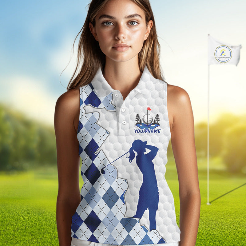 Custom Argyle Pattern Golf Sleeveless Polo Shirts For Women, Blue Argyle Golf Ball White Golf Clothing Shirts NYN2990
