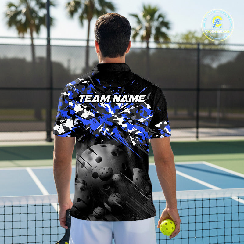 Custom Black & Blue Camo Men Pickleball League Jerseys Grunge Pickleball Paddle Shirts NYN2138