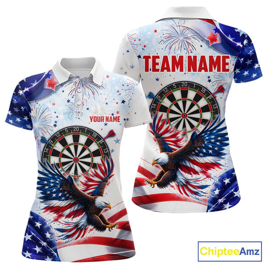 American Flag Eagle women's darts polo featuring patriotic eagle and USA flag artwork, custom darts team jersey, veterans tournament apparel, personalized championship league uniform
