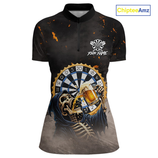 Personalized Funny Grim Reaper Play Darts & Beer Polo & 1/4-Zip Shirts For Women Dart Team Jerseys NYN2815