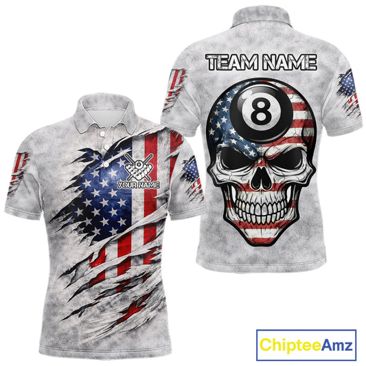 Personalized White Grunge American Flag Skull Pool 8 Ball Men's Billiard Team Shirt Billiard Attire NYN2671