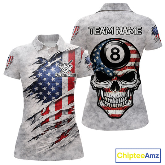Personalized White Grunge American Flag Skull Pool 8 Ball Women's Billiard Team Shirt Billiard Attire NYN2671