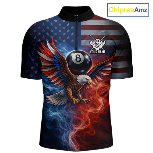 Blue & Red Flames Eagle 8 Ball 9 Ball Pool Billiard Shirt For Men Custom US Flag Billiard Jersey NYN3050
