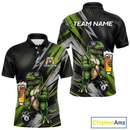 Green Funny Dinosaur men's billiard polo featuring drinking beer dinosaur artwork, personalized 8 Ball cue sports jersey, custom pool tournament apparel, fun league performance clothing, novelty athletic uniform