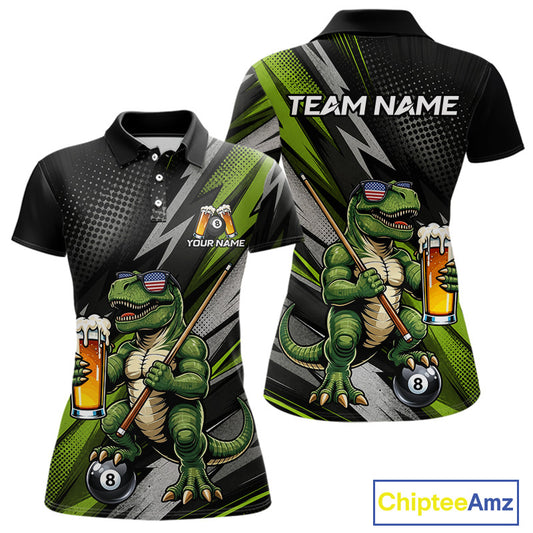 Green Funny Dinosaur women's billiard polo featuring beer-drinking dinosaur mascot, personalized 8 Ball pool league jersey, APA tournament apparel, humorous cue sports performance shirt, custom athletic billiard team uniform
