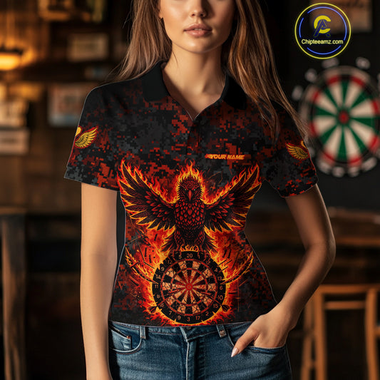 Custom Red Flames Eagle Digital Camo Darts Polo Shirt For Women Cracked Dart Jerseys NYN1958
