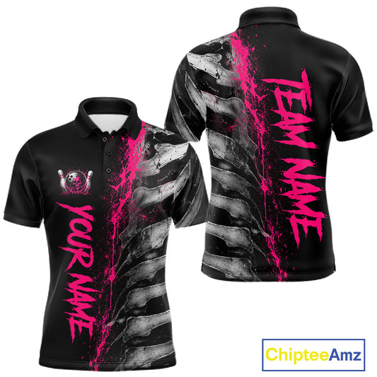 Pink Splatter Grey Bone Men's Bowling Polo Shirt, Personalized Bowling Team Jersey, Skeleton Performance Shirt, Pink Splatter Tournament Apparel, Athletic League Uniform