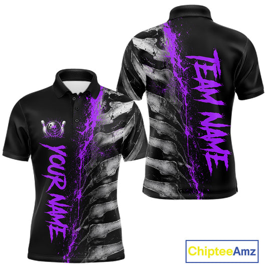 Purple Splatter Grey Bone Men's Bowling Polo Shirt, Personalized Skeleton Team Jersey, Purple Tournament Apparel, Bowling Performance Shirt